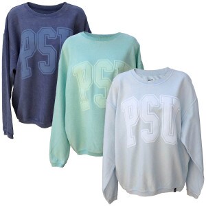 light blue, light green mint, and navy women's corded crews with large PSU varsity puff graphics